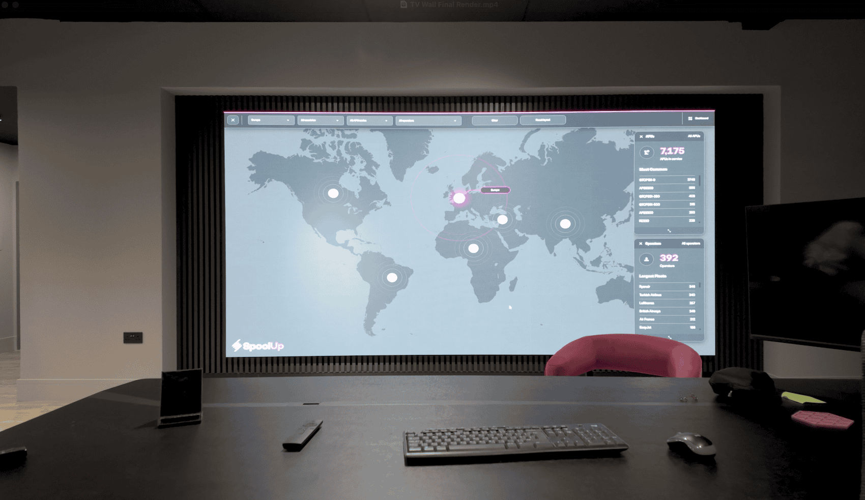 Modern boardroom featuring a seamless LED video wall displaying financial data