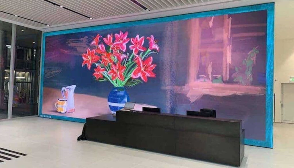 Large indoor LED video wall installed at Citypoint London, measuring over 10 metres wide and delivering high-resolution digital content