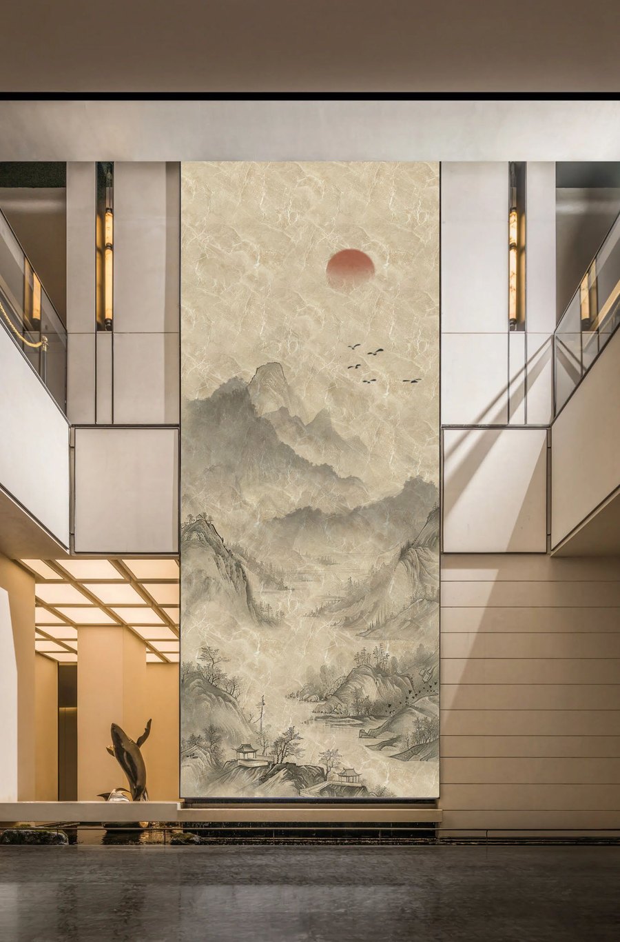 DSK Series portrait hidden LED art panel set flush into a lobby wall lining