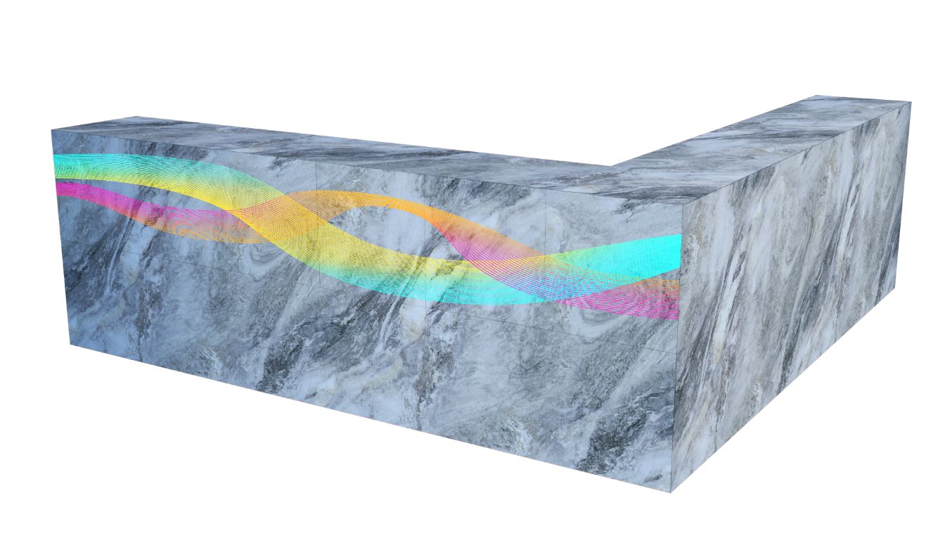 DSK Series marble-finish bar counter with the hidden LED screen switched on
