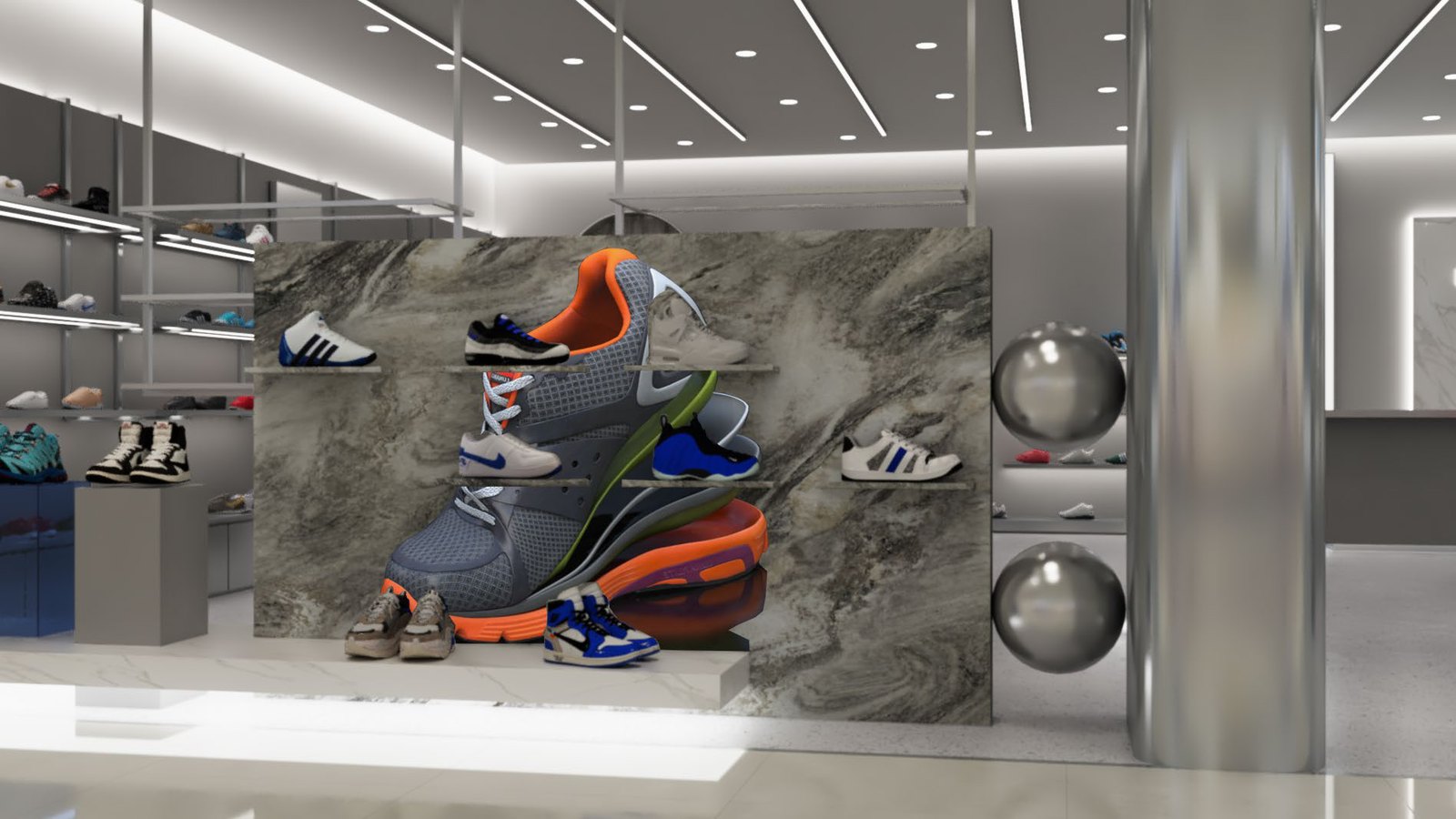 DSK Series stone-finish retail display wall with tray extensions carrying product over the hidden LED screen