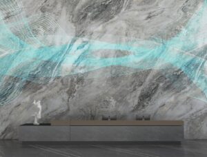 DSK Series hidden LED screen in a marble finish on a reception wall, with the LED picture showing through the finish