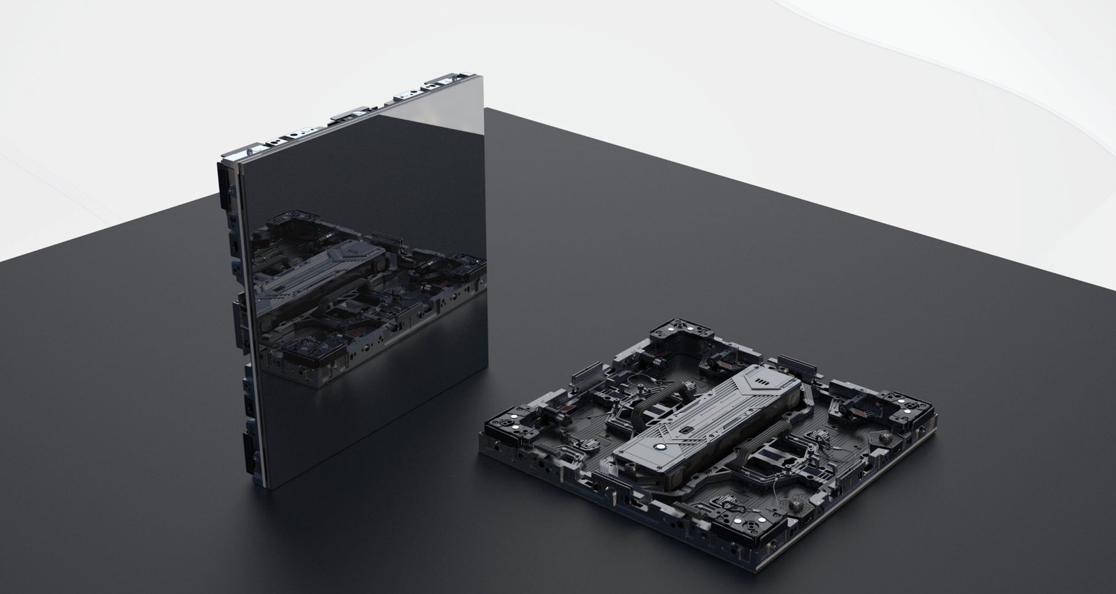 DSK Series 500 x 500 mm LED cabinet with a mirror finish, with the cabinet rear alongside